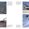 A two-page spread from Schiffer Publishing, Ltd.’s "The Thunderbirds" showcases four images of the US Air Force Thunderbirds—flying in formation, on the tarmac, a runway close-up—with text and captions highlighting their air show.