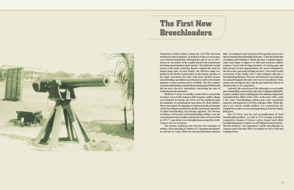 A vintage photo of a breechloading cannon appears on the left, beside "American Breechloading Mobile Artillery 1875-1953" by Schiffer Publishing, Ltd., exploring US artillery innovations and Civil War-era mobile weaponry.