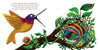 In SOAR by Schiffer Publishing, Ltd., a vibrant hummingbird hovers by a nest on a leafy branch while another with rainbow-striped feathers sits inside, surrounded by flowers and greenery. The illustrated picture book features text in the upper left corner.