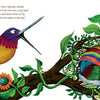 In SOAR by Schiffer Publishing, Ltd., a vibrant hummingbird hovers by a nest on a leafy branch while another with rainbow-striped feathers sits inside, surrounded by flowers and greenery. The illustrated picture book features text in the upper left corner.