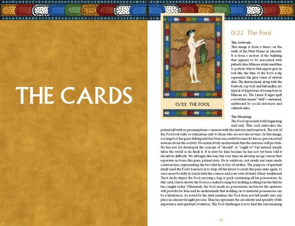 A book spread inspired by The Minoan Tarot from Schiffer Publishing, Ltd. features a gold left page titled THE CARDS and a right page showing a Tarot card labeled 0/22 THE FOOL with interpretive text below.
