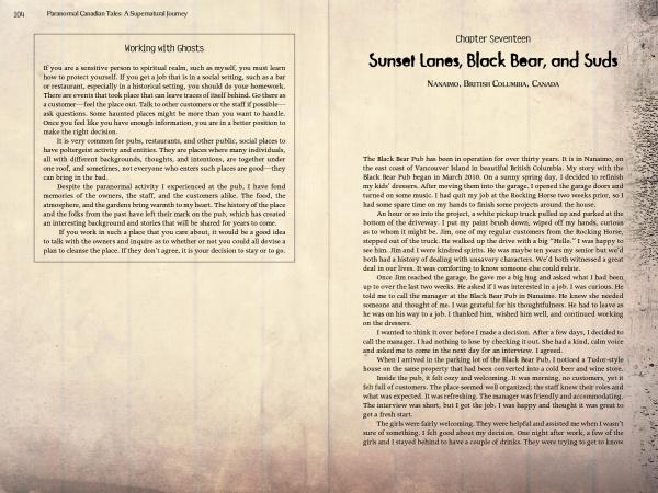 An open book of *Paranormal Canadian Tales* by Schiffer Publishing, Ltd. shows “Working with Ghosts” offering advice for sensitives on the left, and Chapter Seventeen starting a Nanaimo pub ghost story on the right.