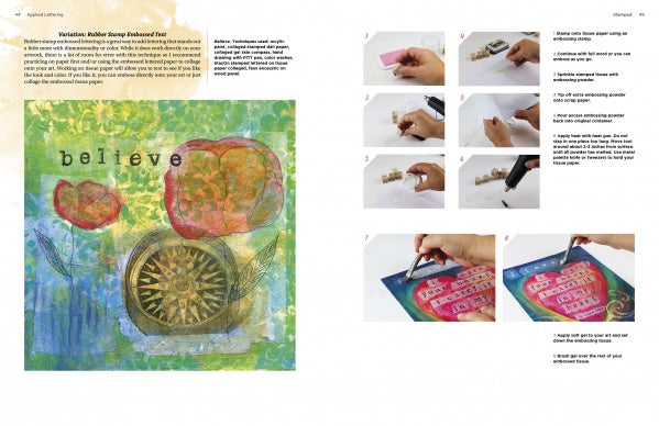 Create a mixed media art page inspired by Schiffer Publishing, Ltd.'s "The Painted Word," featuring "believe" word art, colorful circles, and a compass. Step-by-step photos show embossing and calligraphy using stamps, powder, and a heat gun.