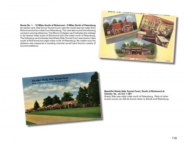 Greetings from Richmond by Schiffer Publishing, Ltd. features two vintage postcards depicting early 20th-century tourist courts with rows of cottages among trees and lawns, each card including location details near Richmond, Virginia.
