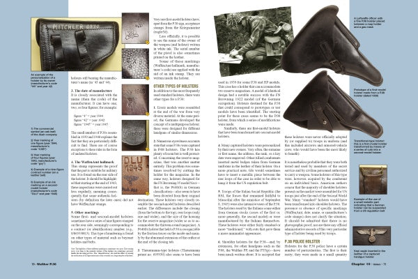 A Schiffer Publishing, Ltd. magazine page features multi-column text on WW2 holsters, including the Walther P.38, with various leather holster photos, close-ups of makers’ marks, and a wartime black-and-white photo of a soldier writing.