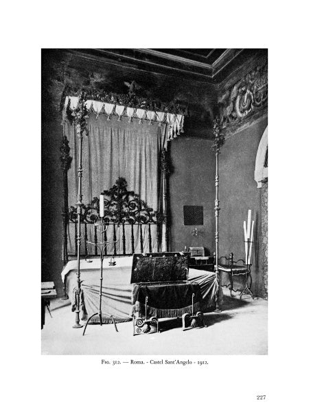 Black and white photo from 1912 of an ornate canopy bed with intricate ironwork at Castel SantAngelo, Rome. Featured in "Decorative Ironwork of Italy" by Schiffer Publishing, Ltd. Antique décor reflects blacksmith-inspired design.
