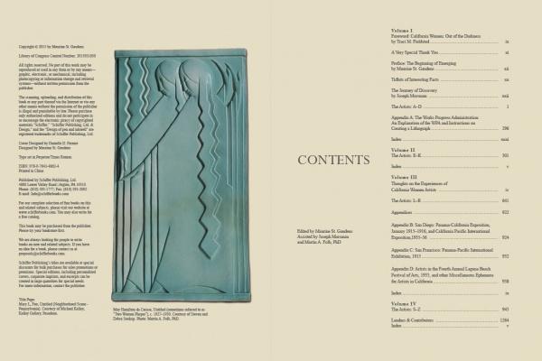 Two cream-colored pages: left shows a teal Art Deco sun relief with credits; right has "CONTENTS" and a chapter list from "Emerging from the Shadows, Vol. II" by Schiffer Publishing, Ltd., featuring California women artists.