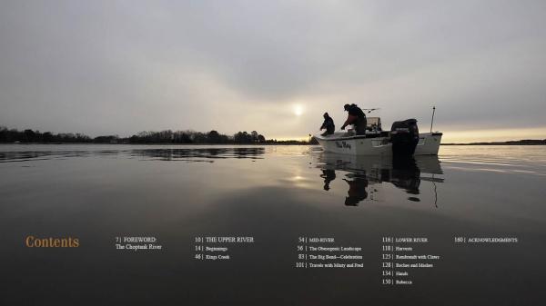 Three people fish from a small boat on the calm Choptank River at sunset, reflected in still water, as seen on the cover of "Choptank Odyssey," published by Schiffer Publishing, Ltd., capturing Delmarva Peninsula’s natural history.