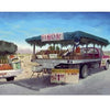 A roadside stand depicted in “Icons & Symbols of the Borderland” by Schiffer Publishing, Ltd. sells piñon nuts and avocados from pickups under a canopy, reflecting borderland culture with handwritten signs against distant desert mountains.