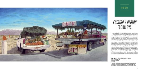 A roadside stand depicted in “Icons & Symbols of the Borderland” by Schiffer Publishing, Ltd. sells piñon nuts and avocados from pickups under a canopy, reflecting borderland culture with handwritten signs against distant desert mountains.