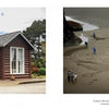 Left: A small wooden museum with bell tower and gray roof. Right: People form intricate sand patterns—an aerial example from "Oregon Coast" by Schiffer Publishing, Ltd., capturing Oregon coastline art photography.