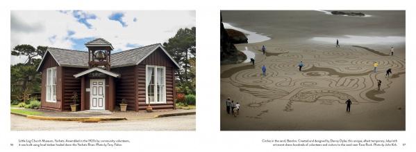 Left: A small wooden museum with bell tower and gray roof. Right: People form intricate sand patterns—an aerial example from "Oregon Coast" by Schiffer Publishing, Ltd., capturing Oregon coastline art photography.