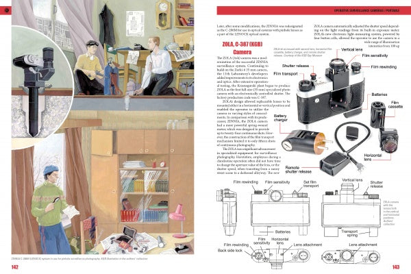 A spread from "The Secret History of KGB Spy Cameras" (Schiffer Publishing, Ltd.) shows people inspecting cameras in a room—evoking Cold War espionage—while the opposite page diagrams and labels parts of a ZOLA spy camera.