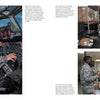 A collage: a uniformed airman in an E-8 JSTARS cockpit by Schiffer Publishing, Ltd., airmen managing warehouse supplies, and service members consulting with an officer at a paperwork-filled counter.