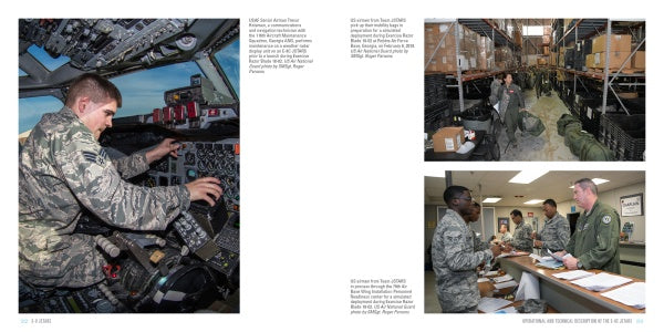 A collage: a uniformed airman in an E-8 JSTARS cockpit by Schiffer Publishing, Ltd., airmen managing warehouse supplies, and service members consulting with an officer at a paperwork-filled counter.