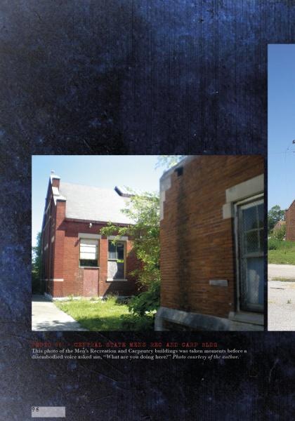 The cover of Lost in the Darkness by Schiffer Publishing, Ltd. shows a brick building with boarded windows and overgrown plants by the entrance. A clear sky is partly visible. The photo features a caption below and a dark textured border.
