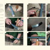 Wilderness Axe Skills and Campcraft by Schiffer Publishing, Ltd. offers step-by-step photos and descriptive text on cream pages, teaching bushcraft techniques like sharpening and using wood carving tools with close-ups of hands and tools.