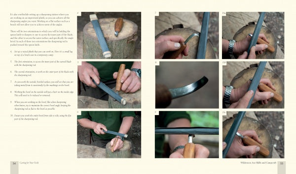 Wilderness Axe Skills and Campcraft by Schiffer Publishing, Ltd. offers step-by-step photos and descriptive text on cream pages, teaching bushcraft techniques like sharpening and using wood carving tools with close-ups of hands and tools.