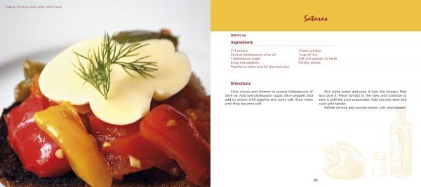 Close-up of toasted bread with sautéed peppers, sour cream, and dill. On the right is a Satara recipe from *Serbian Cooking* by Schiffer Publishing, Ltd., printed on a white and orange page.