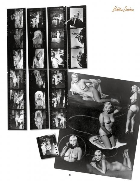 A collage of black-and-white contact sheets and pin-up photos of a blonde woman highlights classic burlesque, with Bettie Darlene featured—an homage from the Roy Kemp portfolio in "New York Burlesque" by Schiffer Publishing, Ltd.