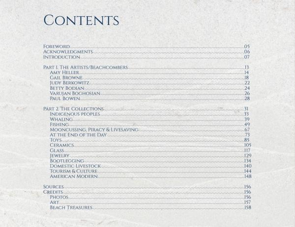 Lost and Found by Schiffer Publishing, Ltd. features a minimalist table of contents with blue text on a light background, listing sections like Foreword, Acknowledgements, Introduction, Artists/Beachcombers, Collections, and page numbers.