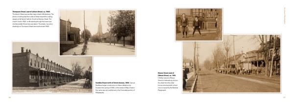 City of Neighborhoods" by Schiffer Publishing, Ltd. features sepia historic photos of early 1900s Philadelphia—old streets, vintage homes, people, and horse-drawn carriages—captioned on a white background.