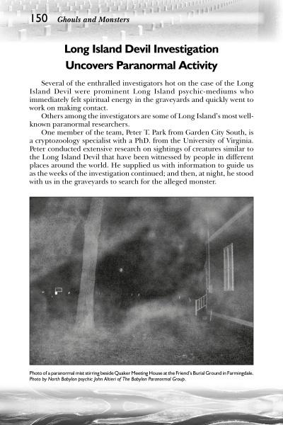 A page from "Ghosts, Ghouls, & Monsters of Long Island" by Schiffer Publishing, Ltd. reviews the Devil investigation and experts. At the bottom, a black-and-white night photo shows mist over a grave, evoking Long Island paranormal mysteries.