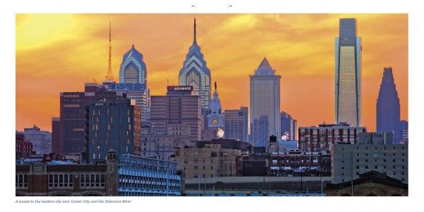 A sunset sky glows orange behind Philadelphia’s skyline of tall spires and modern towers—perfect inspiration captured in "Philadelphia" by Schiffer Publishing, Ltd.