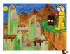 In "The Evil Mailbox and the Super Burrito" by Schiffer Publishing, Ltd., a wide-eyed yellow character stands with an Evil Mailbox on a cliff, as fuzzy creatures fly carts among green spires—a perfect middle grade adventure.