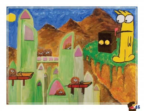 In "The Evil Mailbox and the Super Burrito" by Schiffer Publishing, Ltd., a wide-eyed yellow character stands with an Evil Mailbox on a cliff, as fuzzy creatures fly carts among green spires—a perfect middle grade adventure.