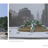 Side-by-side photos show a sunny city fountain and the same spot snow-covered amid skyscrapers—a classic Philadelphia scene showcased in "Monuments and Memorials of Philadelphia" by Schiffer Publishing, Ltd.