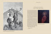 Left page shows a grayscale drawing of a woman riding a deer with spiders and another deer, honoring women artists. Right page displays the title "Emerging from the Shadows, Vol. I" by Schiffer Publishing, Ltd., and a photo of a hand with a lit match.