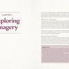 The book "How Art Heals" by Schiffer Publishing, Ltd. is open to Chapter 3, “Exploring Imagery,” featuring text on art therapy and guided meditation, a highlighted safety tip, and a clean layout with purple accents and generous white space.