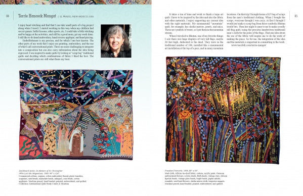 A magazine spread showcases an artist profile from Art Quilts Unfolding by Schiffer Publishing, Ltd., with a woman's photo at the top center and vibrant, intricate art quilts displayed below, surrounded by descriptive text.