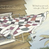 A checked quilt billows from a window above cookies, with a dragonfly nearby. Warm sunlight bathes this cozy scene from “Mabel and the Queen of Dreams” by Schiffer Publishing, Ltd., with whimsical quotes floating above like a bedtime story.