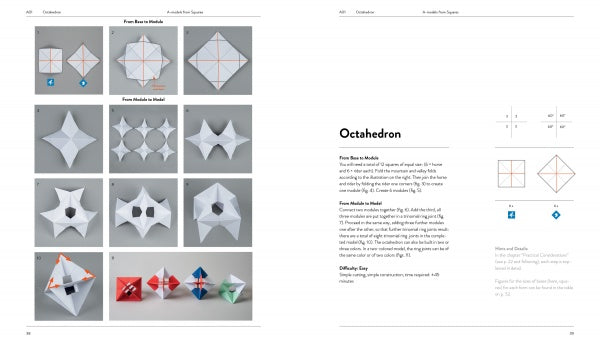 A two-page spread from Folding Polyhedra by Schiffer Publishing, Ltd. displays step-by-step origami photos on the left and written instructions with diagrams and difficulty level on the right—ideal for fans of mathematical art.