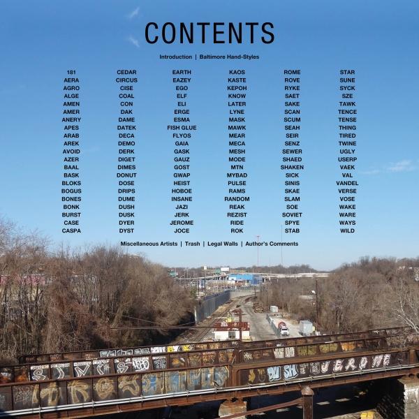 The cover of "Baltimore Graffiti" by Schiffer Publishing, Ltd. features artist names in black over a photo of railway tracks and a bridge adorned with Baltimore street art, set against an industrial landscape and blue sky.