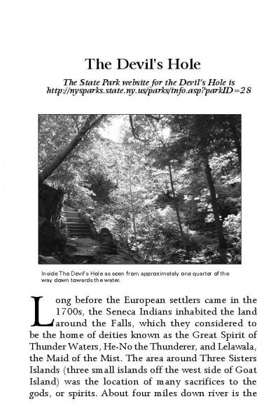 An informational page, "The Devils Hole," from *Spirits and Death in Niagara* (Schiffer Publishing, Ltd.), features Seneca Indian history, a gorge image, a captioned top-view photo, and a website link to paranormal Niagara Falls legends.