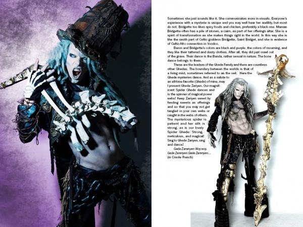 A figure in a Voodoo-inspired costume poses dramatically; on the right, the same character channels Voodoo Queen Bloody Mary, staff in hand. Discover their story in "Justice Howard's Voodoo" from Schiffer Publishing, Ltd.