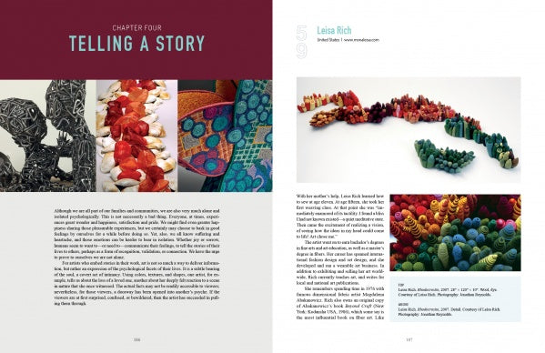 A two-page magazine spread titled Telling a Story, featuring vibrant fiber art from Dimensional Cloth by Schiffer Publishing, Ltd., with text and a section spotlighting artist Leisa Rich and her multicolored sculptural creations.
