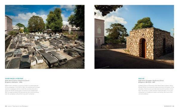 Two images from "Jewish Treasures of the Caribbean" by Schiffer Publishing, Ltd.: a historic Jewish cemetery and a stone building with an arched doorway in Bridgetown, Barbados, celebrating the rich heritage of Caribbean synagogues.