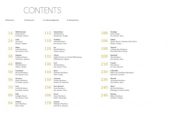 The Christmas by Design table of contents from Schiffer Publishing, Ltd. features three yellow-column entries grouped by tens (pages 14–246), including festive design ideas and Christmas decorating tips, with "CONTENTS" as the top title.