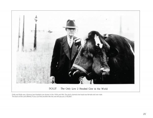 A black-and-white photo from "Pickled Punks and Girlie Shows" (Schiffer Publishing, Ltd.) shows a man in a suit with a two-headed cow titled “DOLLY The Only Live 2 Headed Cow in the World,” set against a field and fence.