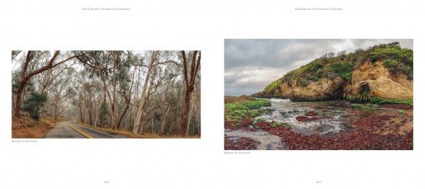 Two landscape photos from "Back Roads of Southern California" by Schiffer Publishing, Ltd.: a winding road in Sequoia National Park on the left and a rocky coastal scene with cliffs and tidal pools on the right, both under cloudy skies.