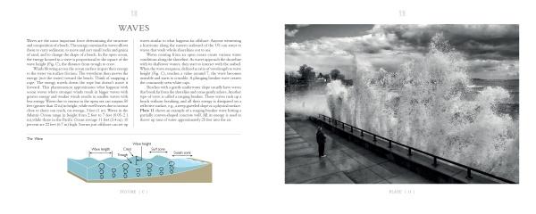 In "The Ever-Changing Coastline" by Schiffer Publishing, Ltd., a two-page spread features a water wave diagram and text opposite a striking photo of a wave crashing over a railing near a person—ideal for fans of natural history and beach photography.