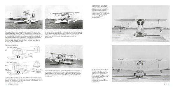 A two-page spread in Schiffer Publishing, Ltd.’s Legends of Warfare showcases the Grumman J2F Duck with black-and-white photos, technical line drawings of float biplanes, labeled diagrams, and descriptive text.