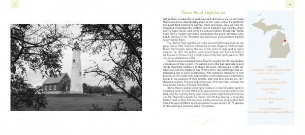 Black and white photo of Tawas Point Lighthouse with grass and trees in front. Right side shows a Michigan map featuring lighthouses and birding hotspots plus lighthouse details. Product: Birds and Beacons of Michigan by Schiffer Publishing, Ltd.