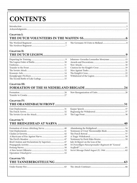 Table of contents page for "The 23rd Waffen-SS Volunteer Panzergrenadier Division Nederland" by Schiffer Publishing, Ltd., listing chapters on Dutch SS history and operations, with chapter titles and page numbers.