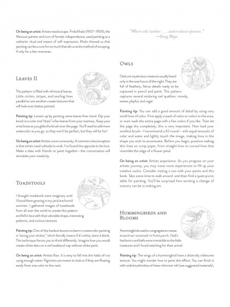 A page from Schiffer Publishing, Ltd.'s Painterly Days features sections on leaves, toadstools, owls, hummingbirds, and blooms, each with descriptive text, circular grayscale art, and a small quote in the top right corner.