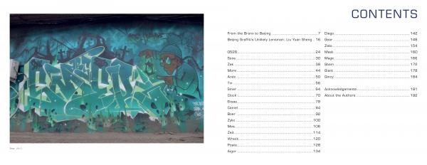 Beijing Graffiti by Schiffer Publishing, Ltd. features a vibrant mural with green and blue tones, stylized letters, and a hoodie-clad character, alongside a contents page listing names and page numbers.